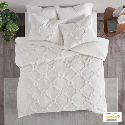 Olliix Pacey 3 Piece Tufted Cotton Chenille Geometric Duvet Cover Set Off-White