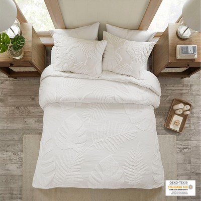 Olliix Bahari 3 Piece Tufted Cotton Chenille Palm Duvet Cover Set Off-White