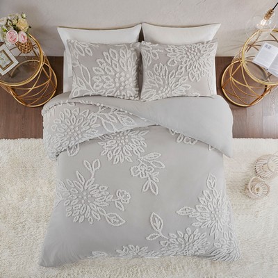 Olliix Veronica 3 Piece Tufted Cotton Chenille Floral Duvet Cover Set Warm Grey/White