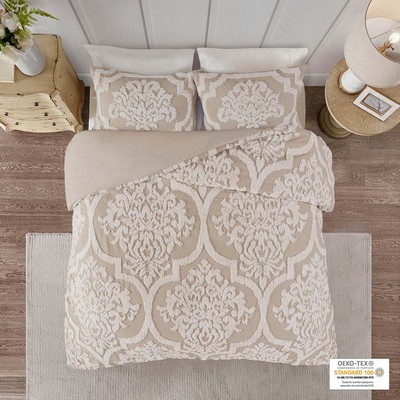 Olliix Viola 3 piece Tufted Cotton Chenille Damask Duvet Cover Set Taupe