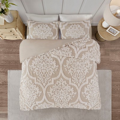 Olliix Viola 3 piece Tufted Cotton Chenille Damask Duvet Cover Set Taupe