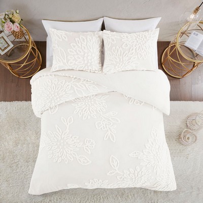 Olliix Veronica 3 Piece Tufted Cotton Chenille Floral Duvet Cover Set Off-White