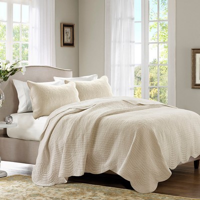 Olliix Tuscany 3 Piece Reversible Scalloped Edge Quilt Set Cream