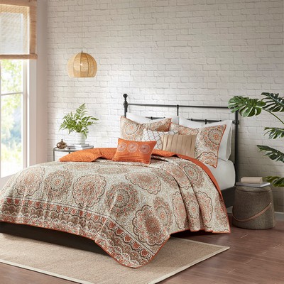 Olliix Tangiers 6 Piece Reversible Quilt Set with Throw Pillows Orange