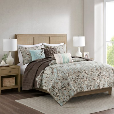 Olliix Geneva 6 Piece Printed Quilt Set with Throw Pillows Brown