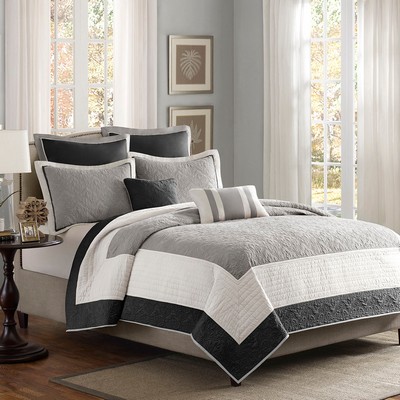 Olliix Attingham 7 Piece Quilt Set with Euro Shams and Throw Pillows Black