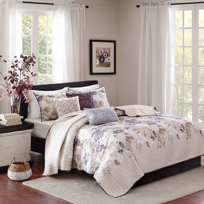 Olliix Luna 6 Piece Printed Quilt Set with Throw Pillows Taupe