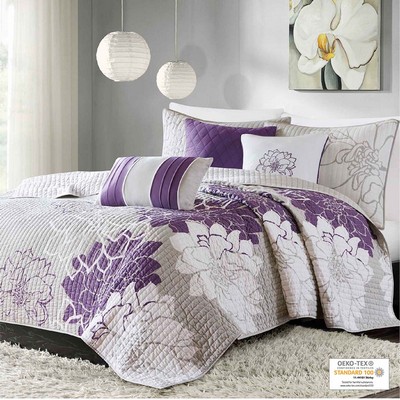 Olliix Lola 6 Piece Printed Cotton Quilt Set with Throw Pillows Taupe Grey/Purple