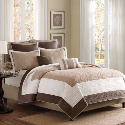 Olliix Attingham 7 Piece Quilt Set with Euro Shams and Throw Pillows Beige