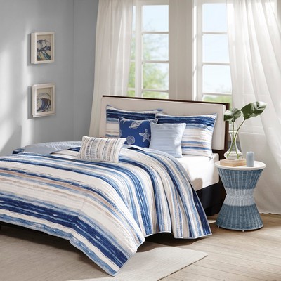 Olliix Marina 6 Piece Printed Quilt Set with Throw Pillows Blue