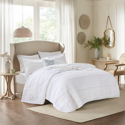 Olliix Celeste 4 Piece Microfiber Reversible Ruffle Quilt Set with Throw Pillow White