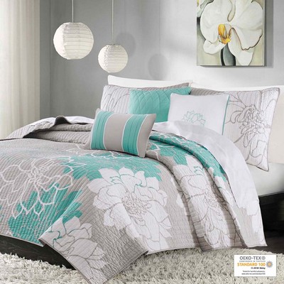 Olliix Lola 6 Piece Printed Cotton Quilt Set with Throw Pillows Aqua