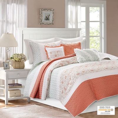 Olliix Dawn 6 Piece Cotton Percale Quilt Set with Throw Pillows Coral