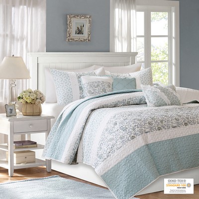 Olliix Dawn 6 Piece Cotton Percale Quilt Set with Throw Pillows Aqua