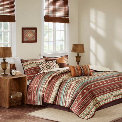 Olliix Taos 6 Piece Printed Quilt Set with Throw Pillows Spice