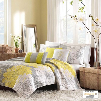 Olliix Lola 6 Piece Printed Cotton Quilt Set with Throw Pillows Taupe Grey/Yellow