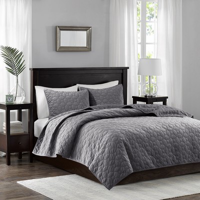 Olliix Harper 3 Piece Velvet Quilt Set Grey