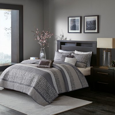 Olliix Rhapsody 6 Piece Reversible Jacquard Quilt Set with Throw Pillows Grey/Taupe