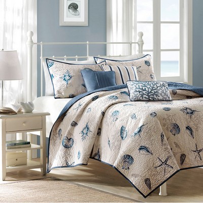 Olliix Bayside Brushed Microfiber Quilt Set with Throw Pillows Blue