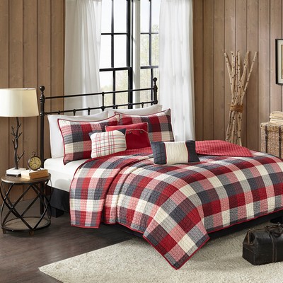 Olliix Ridge 6 Piece Printed Herringbone Quilt Set with Throw Pillows Red