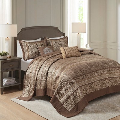 Olliix Bellagio 5 Piece Reversible Jacquard Bedspread Set Brown/Gold