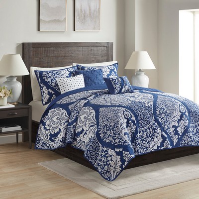 Olliix Vienna 6 Piece Printed Cotton Quilt Set with Throw Pillows Indigo