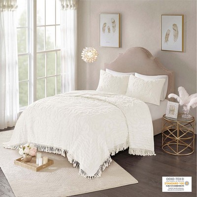 Olliix Laetitia Tufted Cotton Chenille Medallion Fringe Coverlet Mini Set Off-White