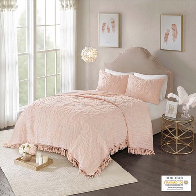 Olliix Laetitia Tufted Cotton Chenille Medallion Fringe Coverlet Mini Set Blush