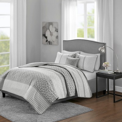 Olliix Bennett 4 Piece Jacquard Quilt Set with Throw Pillow Grey