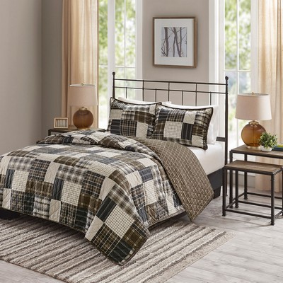 Olliix Timber 3 Piece Reversible Printed Quilt Set Black/Brown