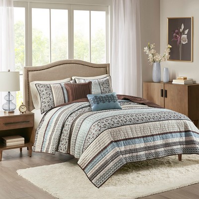 Olliix Princeton 5 Piece Jacquard Quilt Set with Throw Pillows Blue