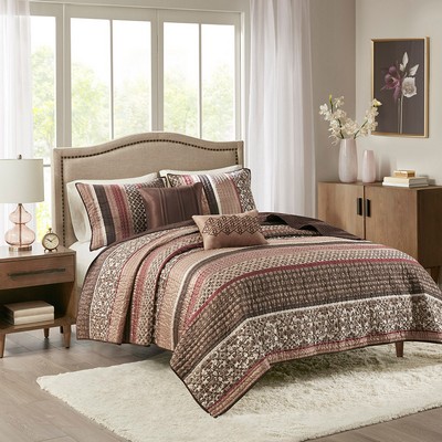 Olliix Princeton 5 Piece Jacquard Quilt Set with Throw Pillows Red