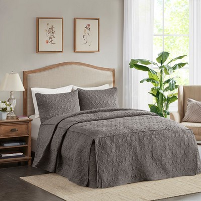 Olliix Quebec 3 Piece Split Corner Pleated Quilted Bedspread Dark Grey