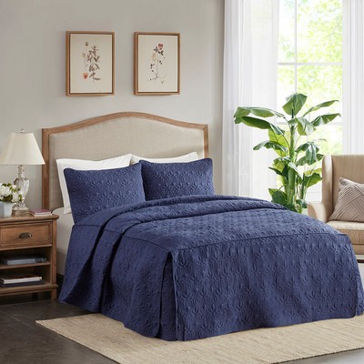 Olliix Quebec 3 Piece Split Corner Pleated Quilted Bedspread Navy