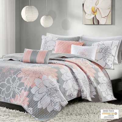 Olliix Lola 6 Piece Printed Cotton Quilt Set with Throw Pillows Grey/Peach