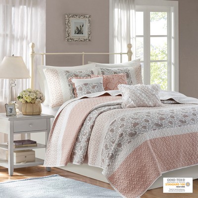 Olliix Dawn 6 Piece Cotton Percale Quilt Set with Throw Pillows Blush