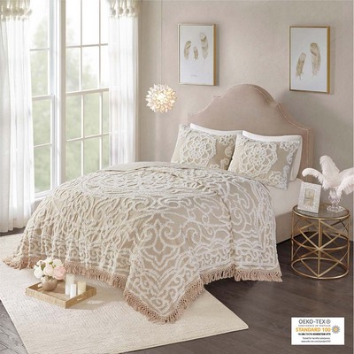 Olliix Laetitia Tufted Cotton Chenille Medallion Fringe Coverlet Mini Set Taupe