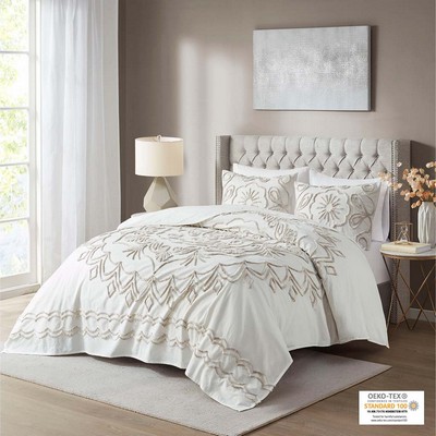 Olliix Violette 3 Piece Tufted Cotton Chenille  Coverlet Set Ivory/Taupe