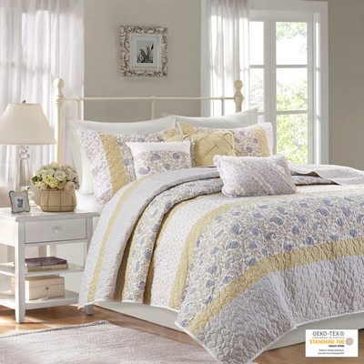 Olliix Dawn 6 Piece Cotton Percale Quilt Set with Throw Pillows Yellow