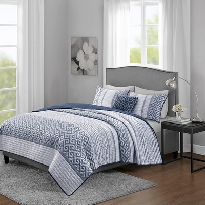 Olliix Bennett 4 Piece Jacquard Quilt Set with Throw Pillow Navy