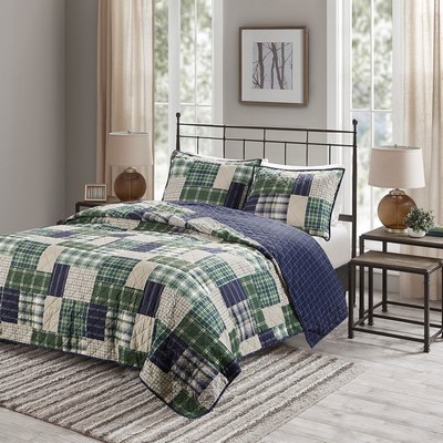 Olliix Timber 3 Piece Reversible Printed Quilt Set Green / Navy