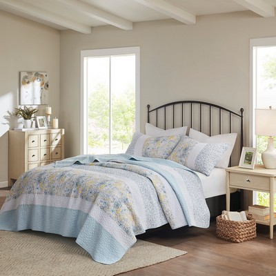 Olliix Violet 3 Piece Cotton Quilt Set Blue/Yellow