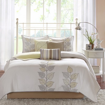 Olliix Caelie 6 Piece Embroidered Quilt Set with Throw Pillows Yellow