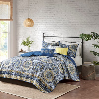 Olliix Tangiers 6 Piece Reversible Quilt Set with Throw Pillows Blue