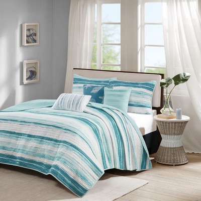 Olliix Marina 6 Piece Printed Quilt Set with Throw Pillows Aqua