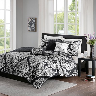 Olliix Vienna 6 Piece Printed Cotton Quilt Set with Throw Pillows Black