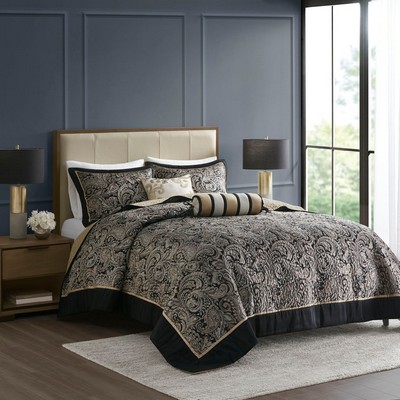 Olliix Aubrey 5 Piece Jacquard Bedspread Set with Throw Pillows Black