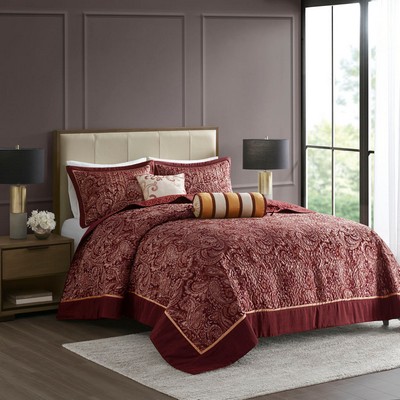 Olliix Aubrey 5 Piece Jacquard Bedspread Set with Throw Pillows Burgundy