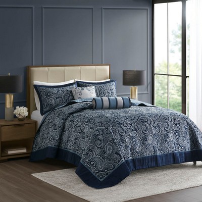 Olliix Aubrey 5 Piece Jacquard Bedspread Set with Throw Pillows Navy