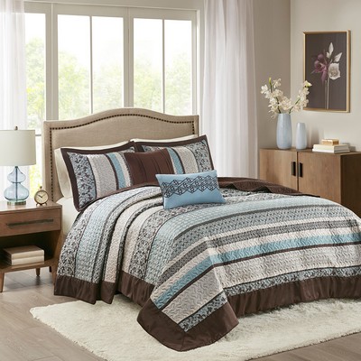 Olliix Princeton 5 Piece Reversible Jacquard Bedspread Set Blue